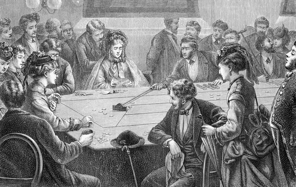 Vintage engraving of Baden-Baden gambling house: women and men betting money and playing with alternate fortune